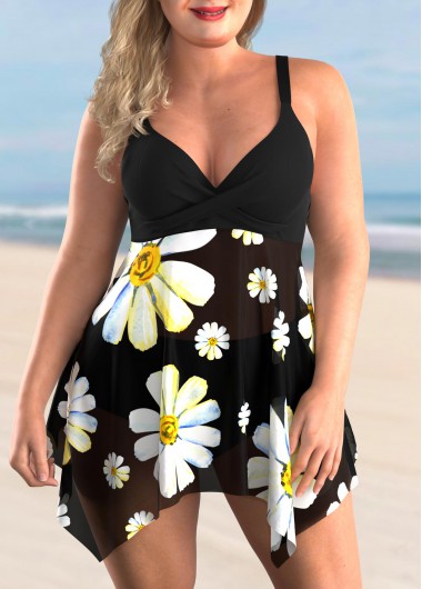 Modlily Plus Size Daisy Print Hanky Hem Swimdress and Panty - 3X