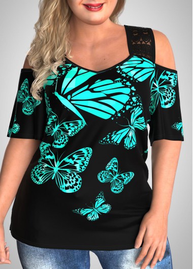 Modlily Plus Size Cold Shoulder Butterfly Print T Shirt - 3X