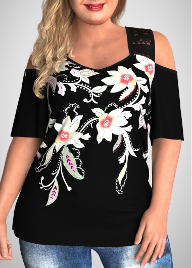 Modlily Cold Shoulder Floral Print Plus Size T Shirt - 2X