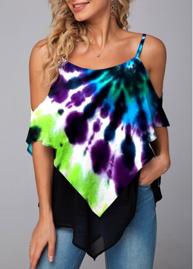Modlily Tie Dye Print Asymmetric Hem Mesh Stitching T Shirt - XL