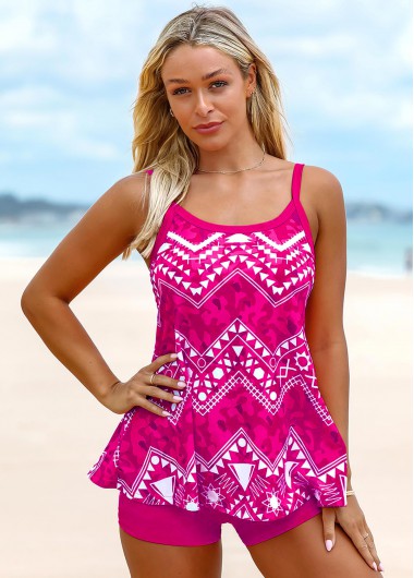Modlily Rose Red Tribal Print Spaghetti Strap Tankini Set - M