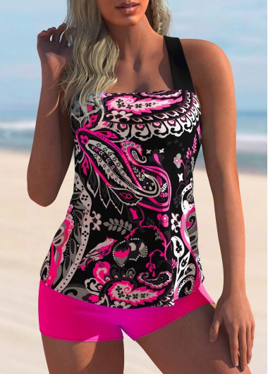 Modlily Tribal Print Wide Strap Criss Cross Back Tankini Set - XL