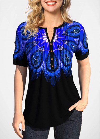 Modlily Split Neck Colorful Printed Short Sleeve Blouse - S