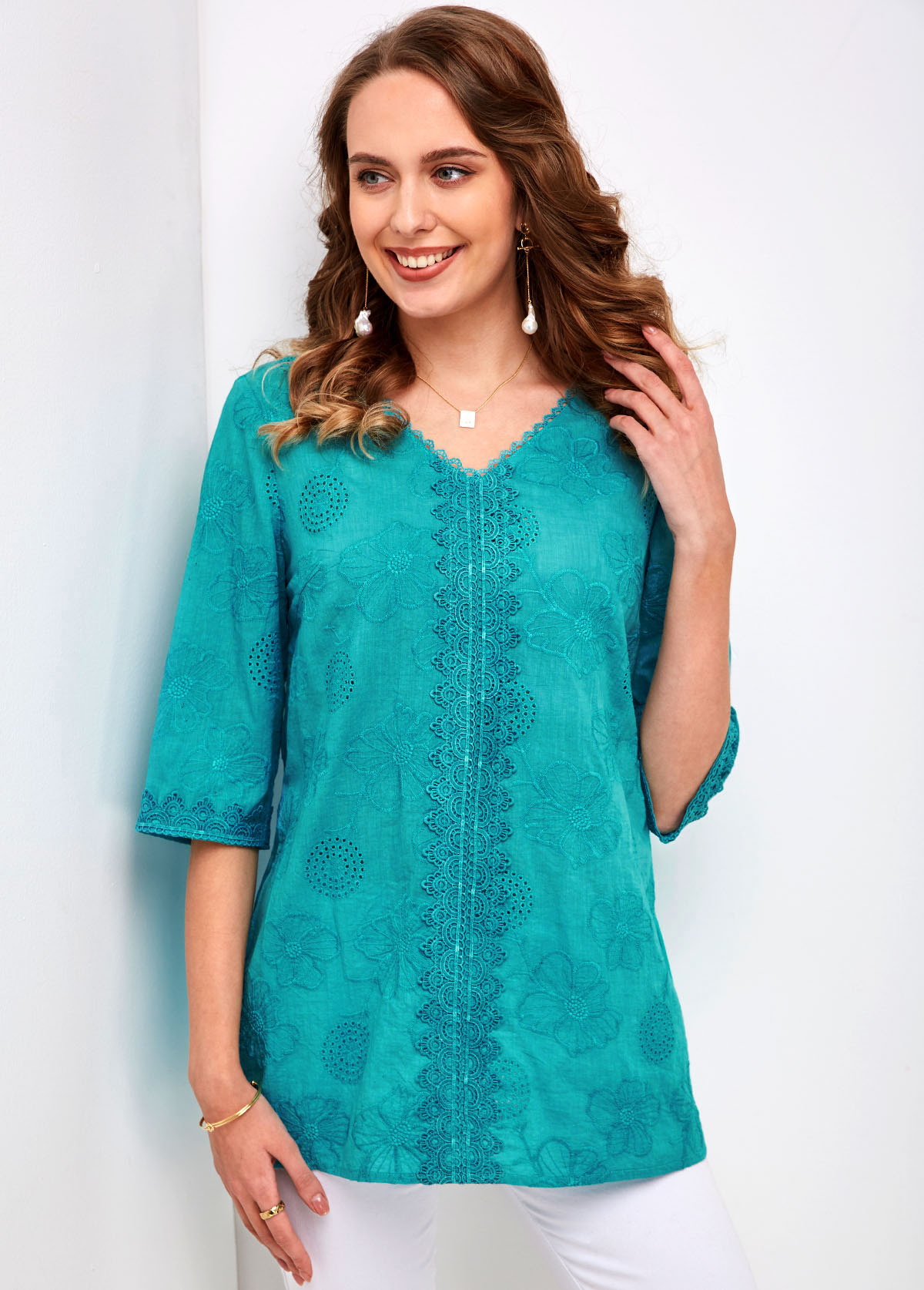 Peacock Blue Embroidery V Neck Blouse