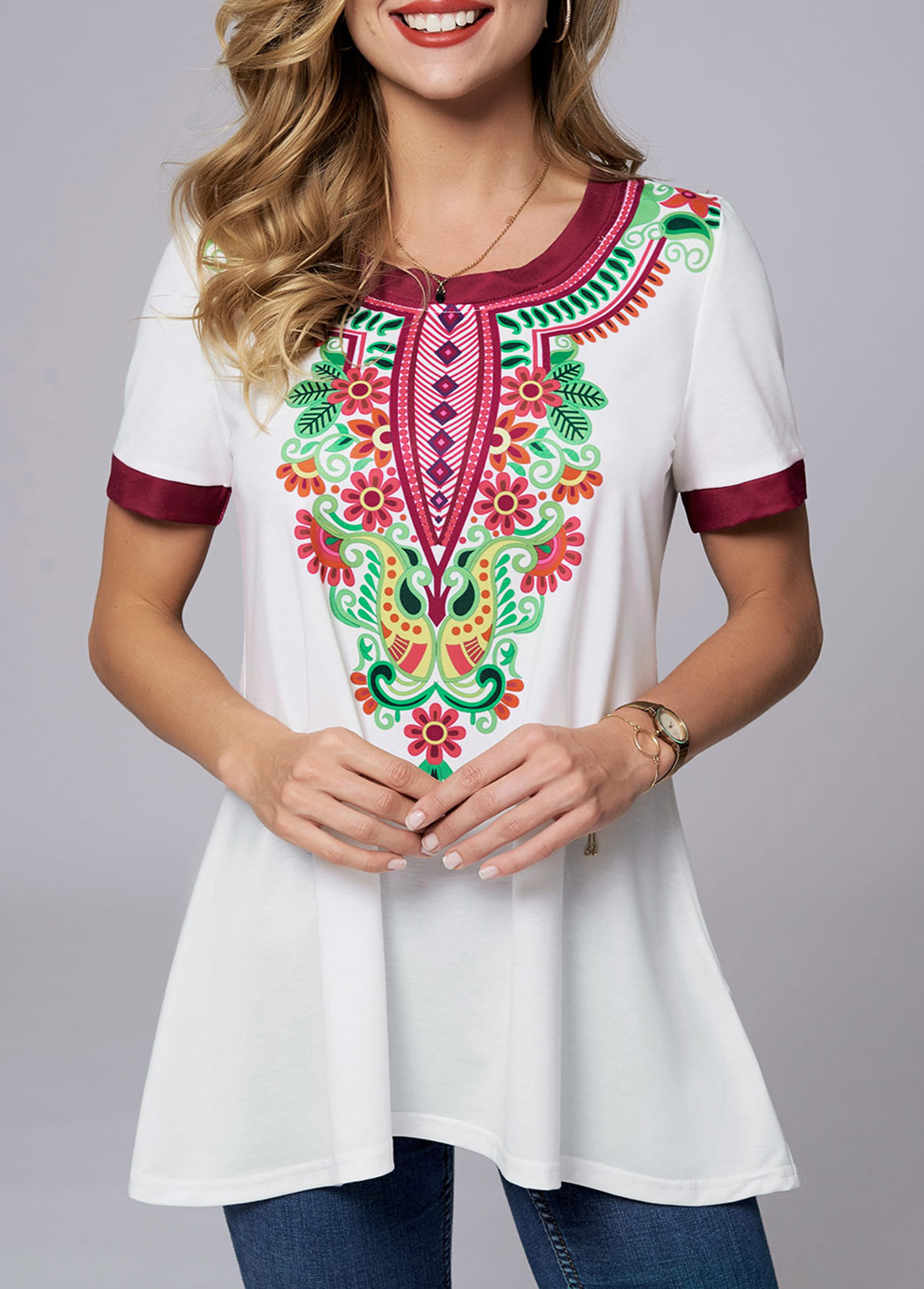 Tribal Print Round Neck Short Sleeve T Shirt | picture 