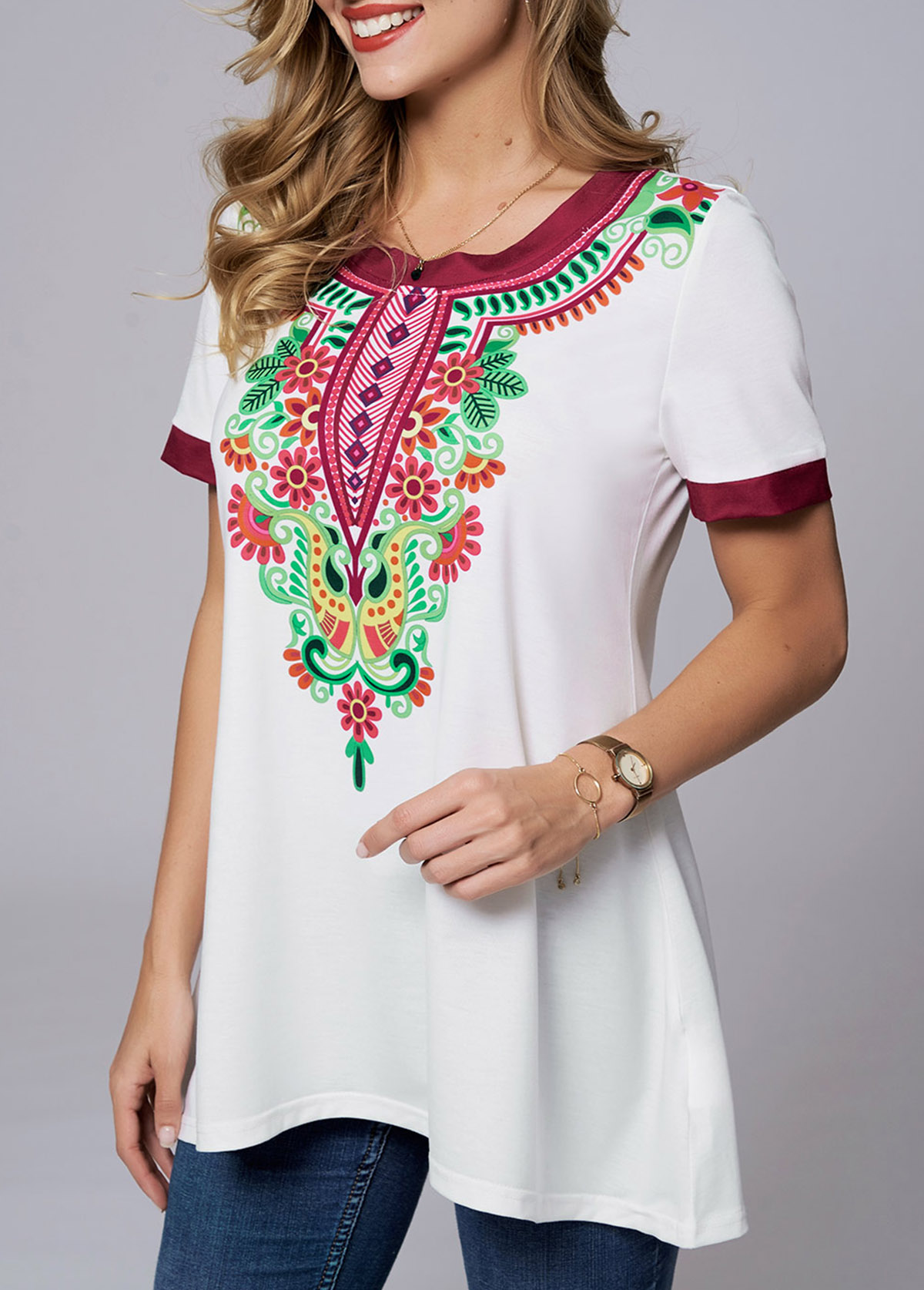 Tribal Print Round Neck Short Sleeve T Shirt | picture 