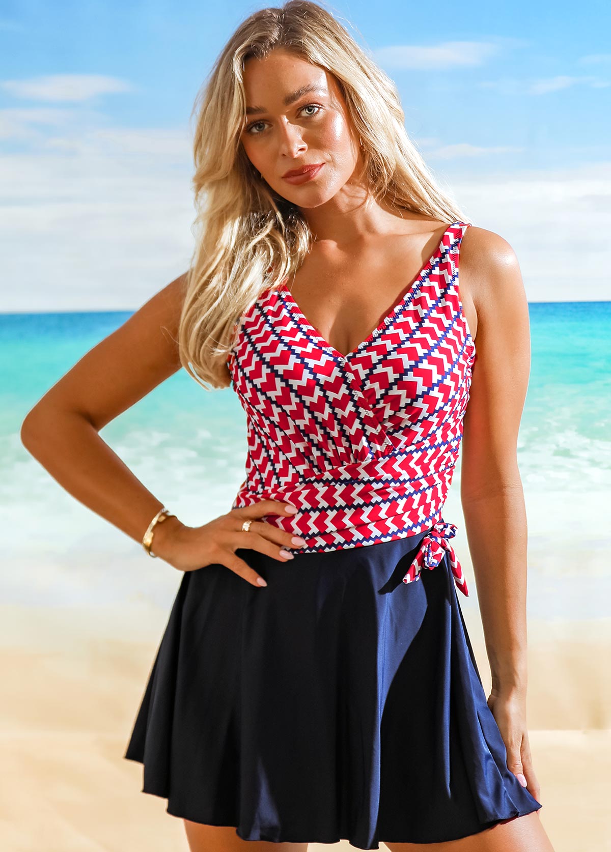 Heart Print Tie Side Swimdress and Shorts