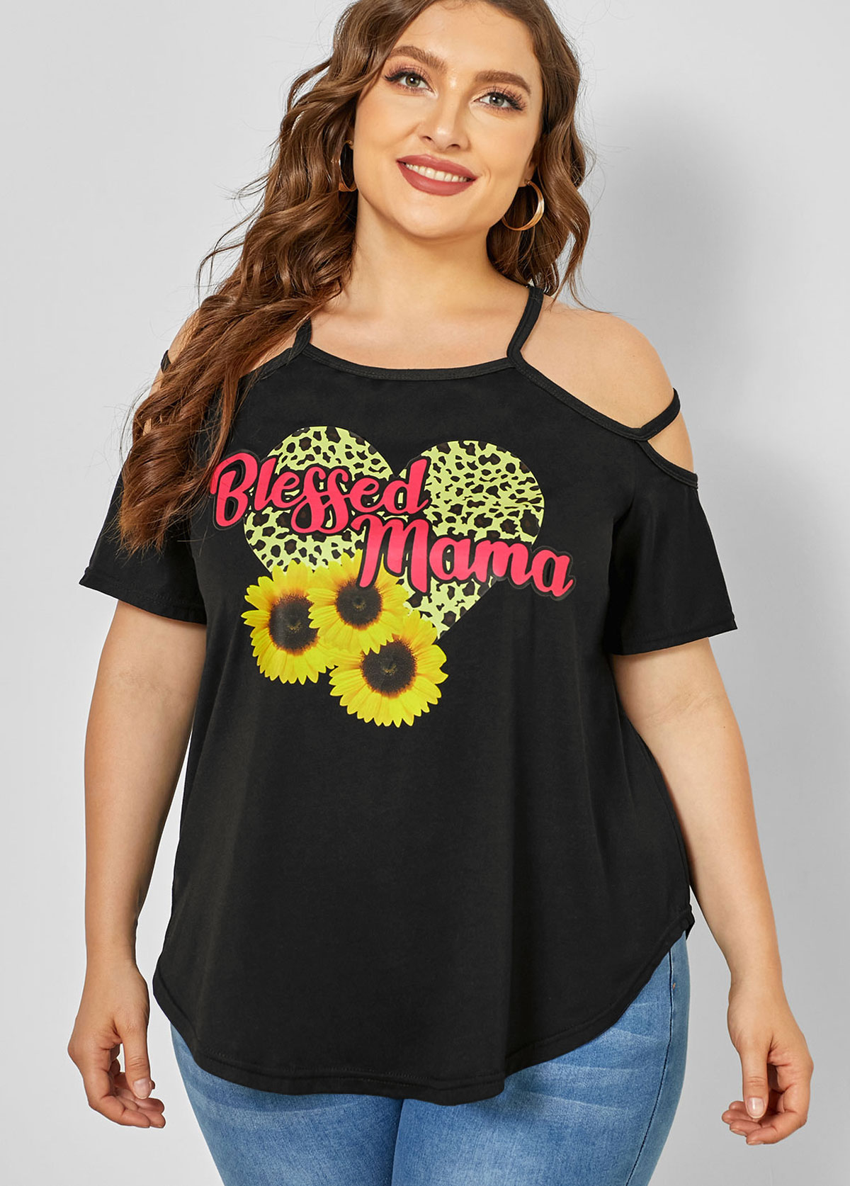 Plus Size Strappy Cold Shoulder Sunflower Print T Shirt