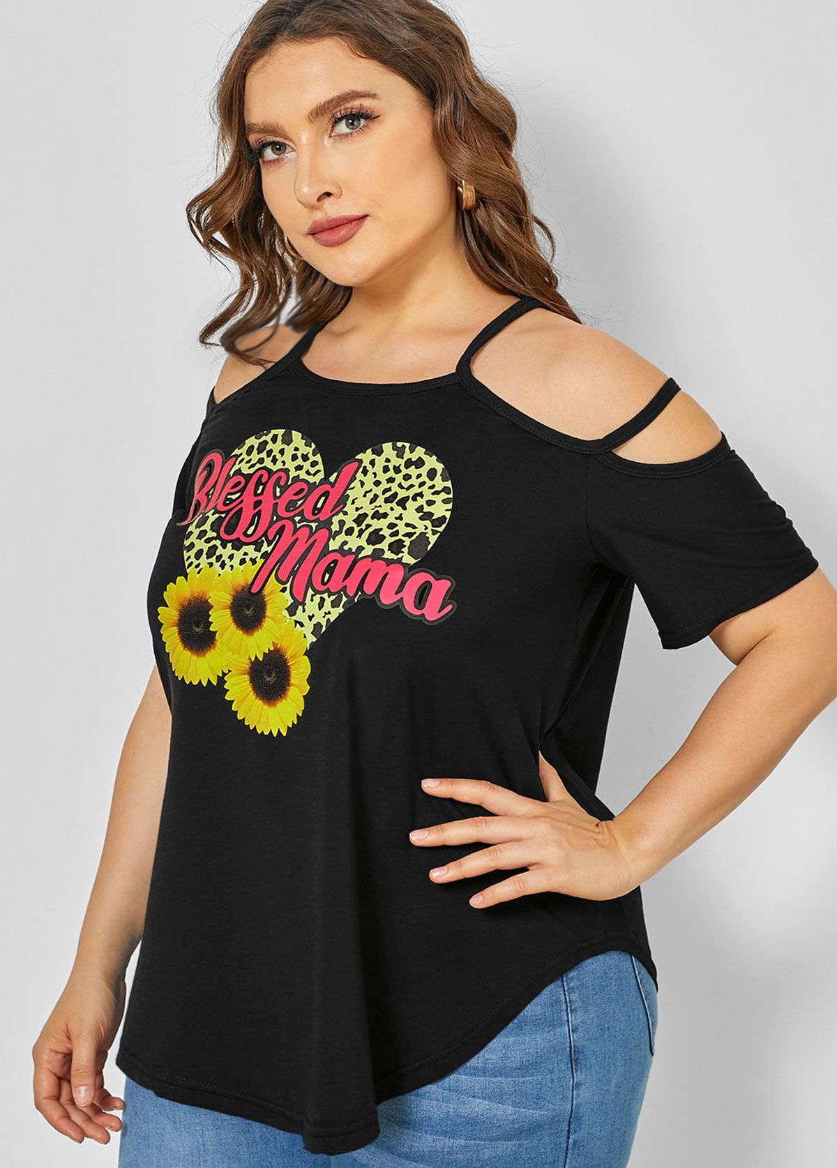 Plus Size Strappy Cold Shoulder Sunflower Print T Shirt | picture 