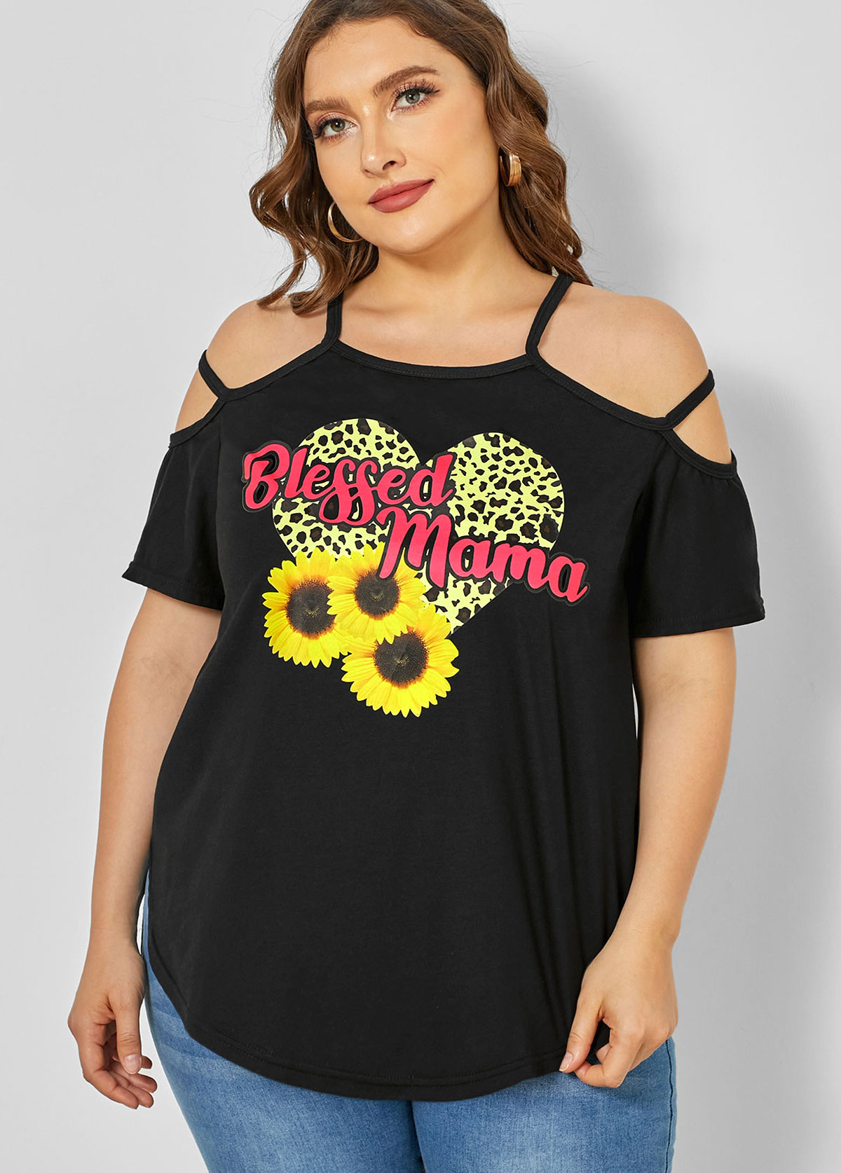 Plus Size Strappy Cold Shoulder Sunflower Print T Shirt | picture 