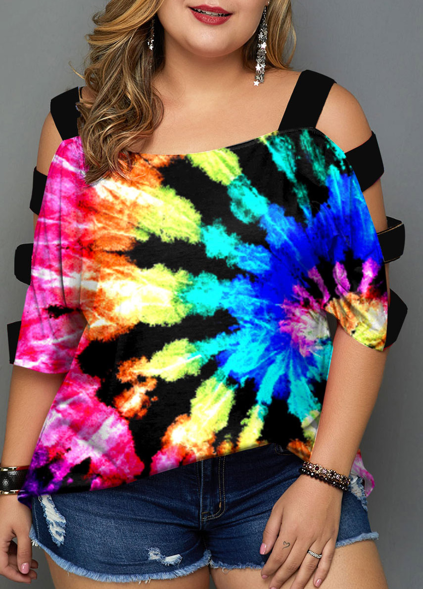Modlily Plus Size Rainbow Color Multicolor Tie Dye Print Hollow Out Sleeve T Shirt - 3X
