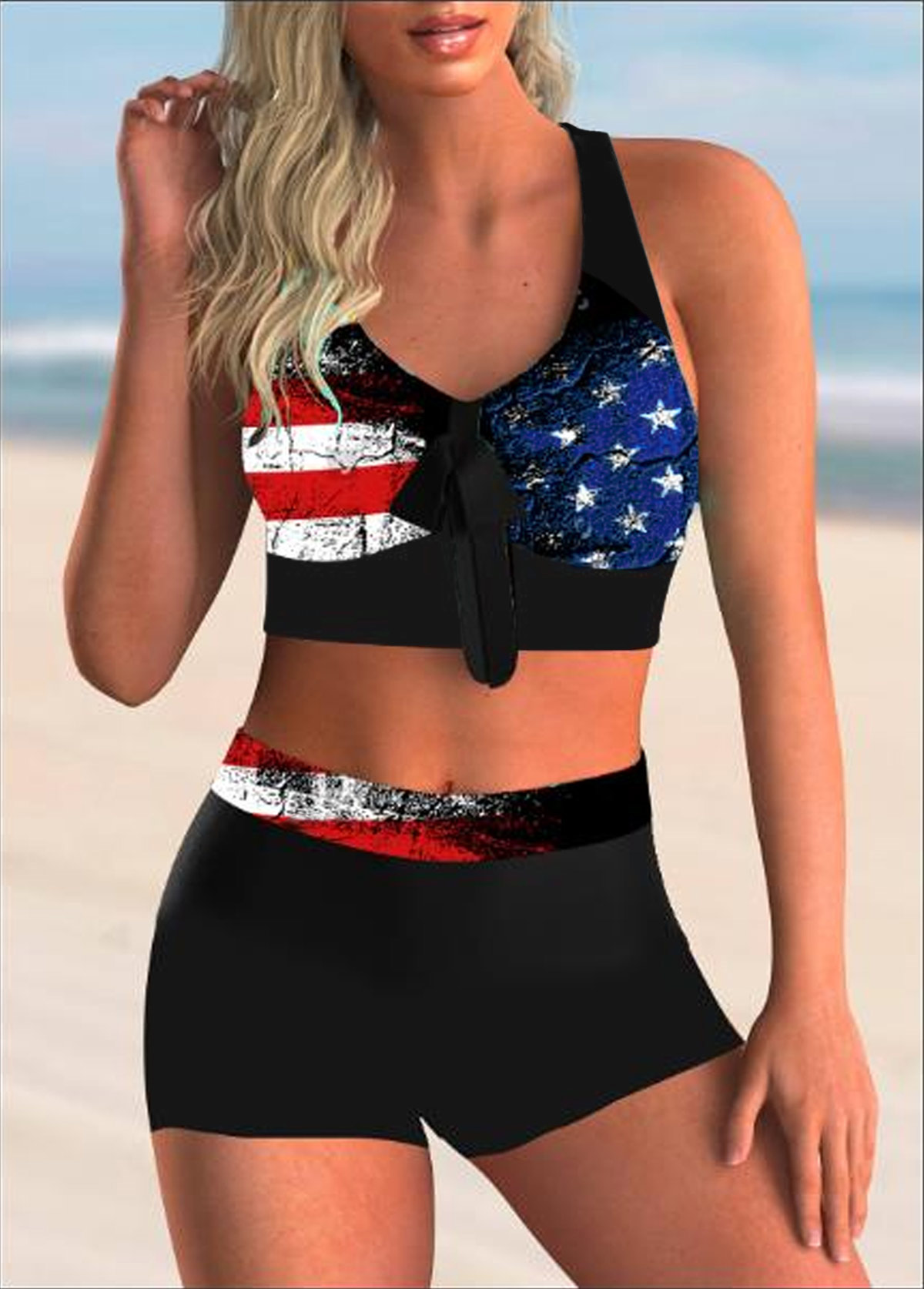 American Flag Print Bowknot High Waist Bikini Set