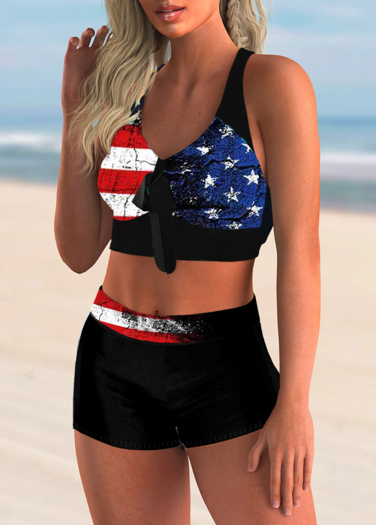 American Flag Print Bowknot High Waist Bikini Set