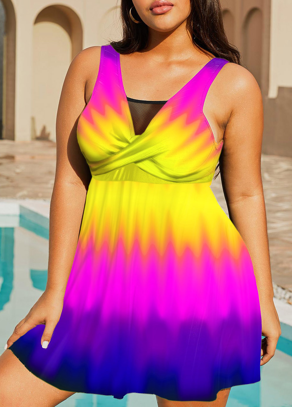 Colorful Ombre Printed Plus Size Swimdress Top-No Bottom