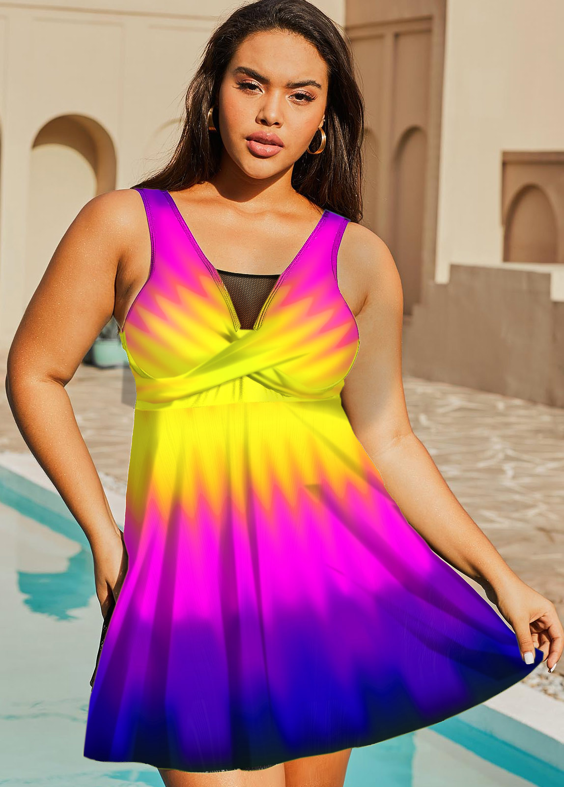 Colorful Ombre Printed Plus Size Swimdress Top-No Bottom