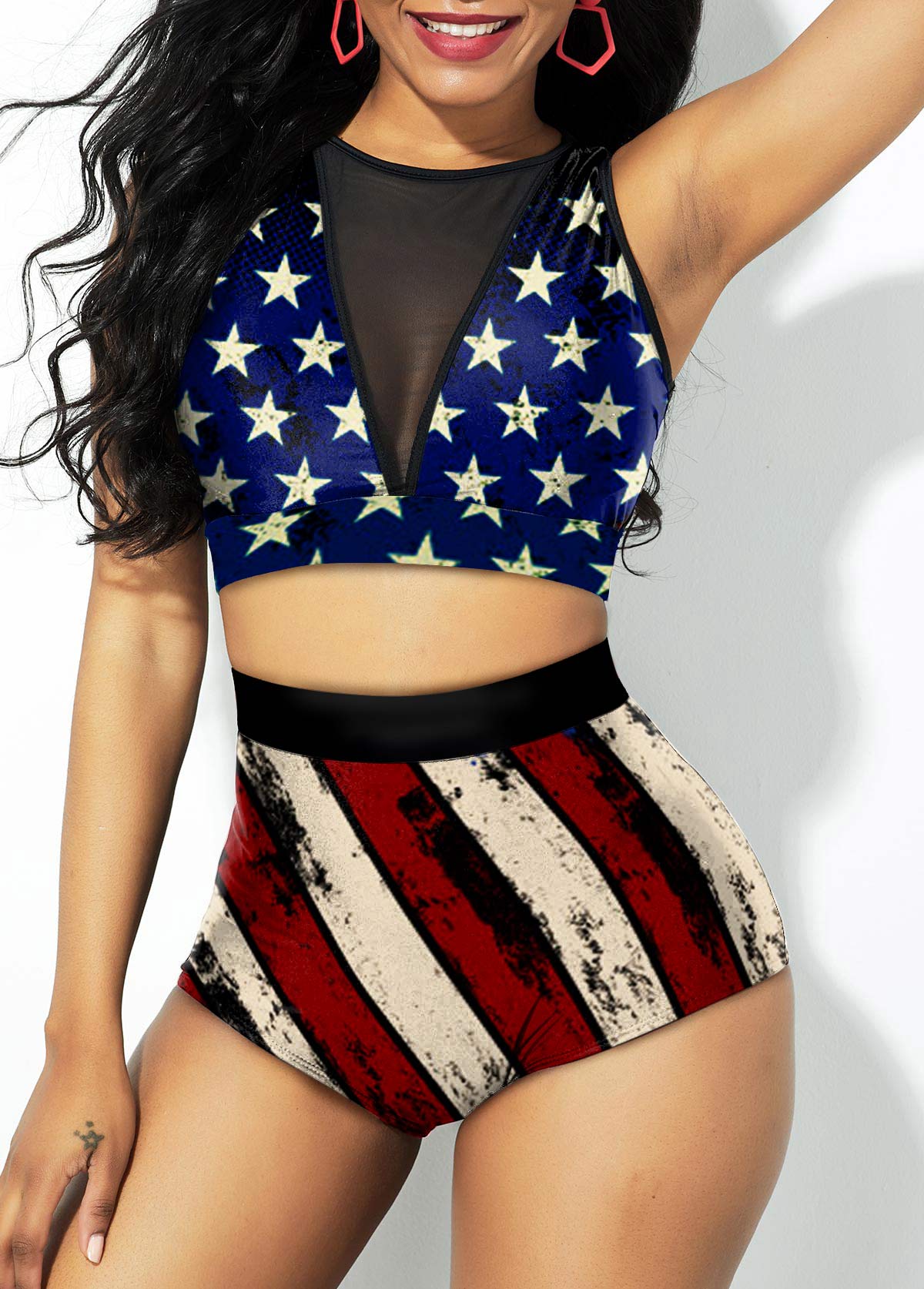 American Flag Print Mesh Stitching High Waist Bikini Set