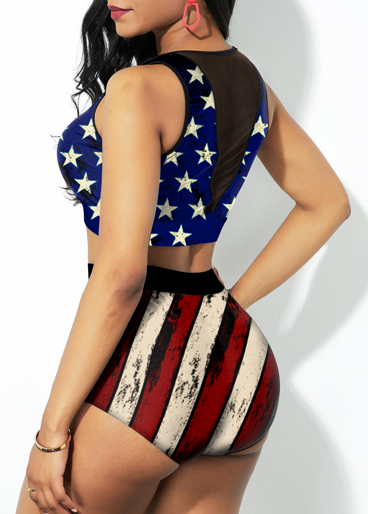 American Flag Print Mesh Stitching High Waist Bikini Set