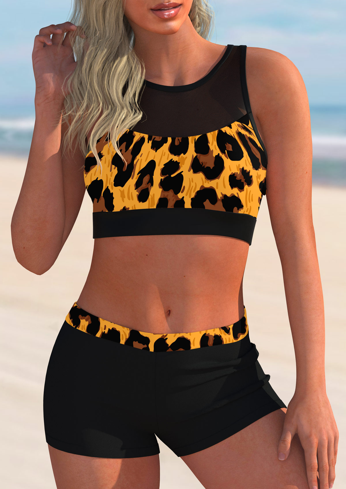 Mesh Stitching Leopard Mid Waist Bikini Set 