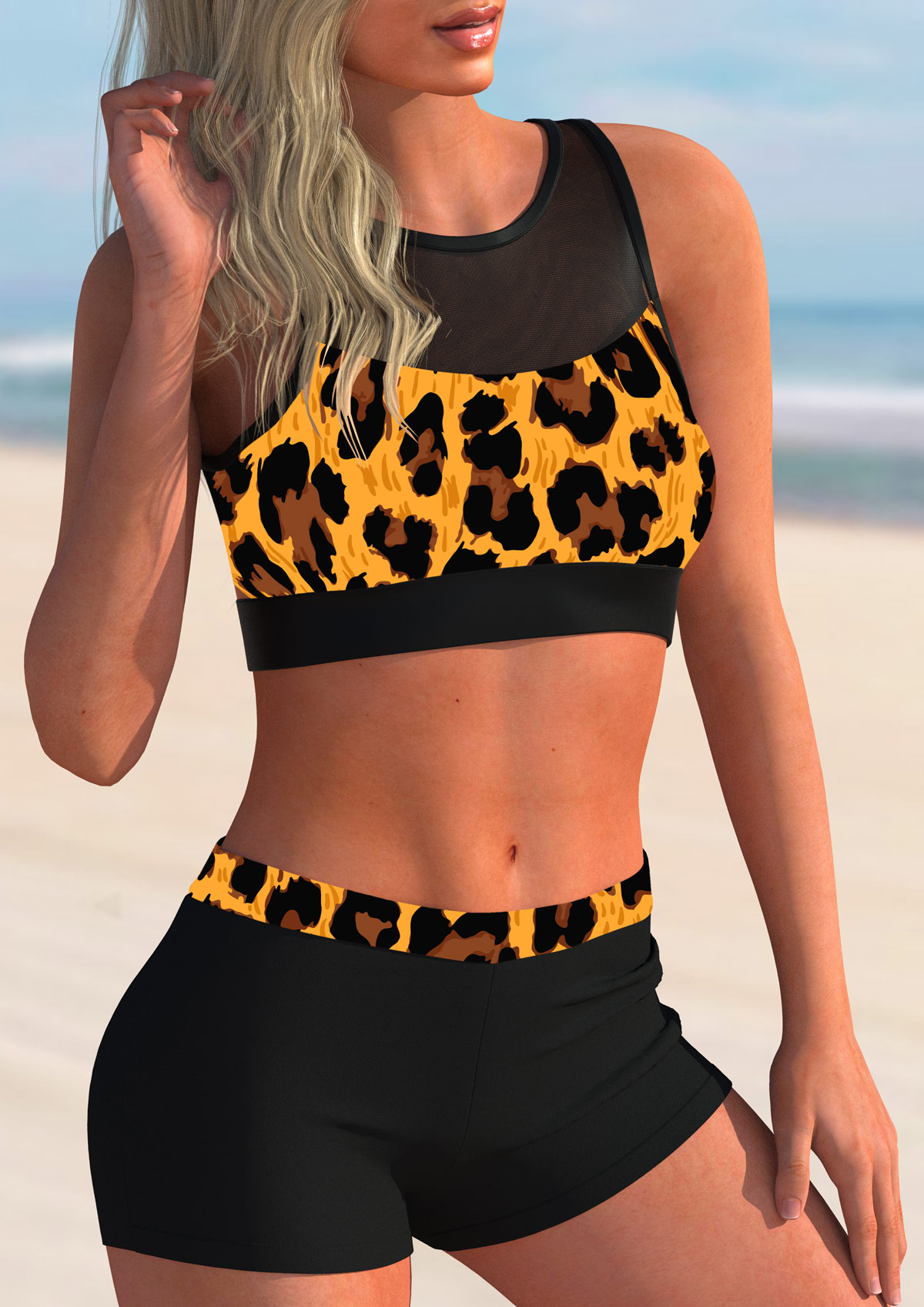 Mesh Stitching Leopard Mid Waist Bikini Set 
