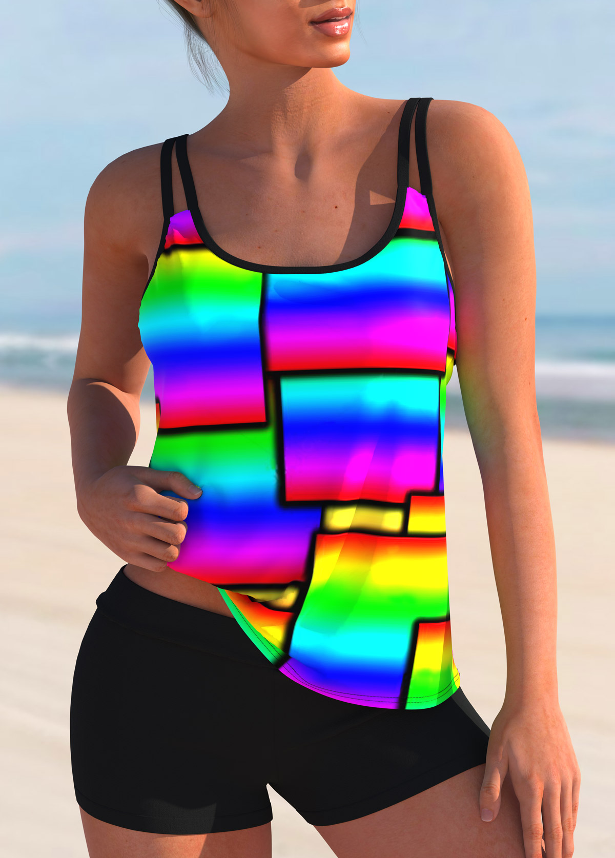 Rainbow Color Geometric Print Tankini Set