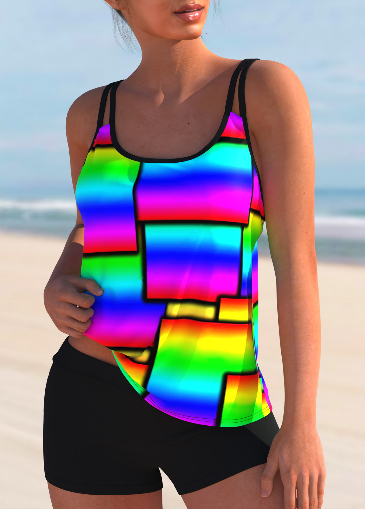 Rainbow Color Geometric Print Tankini Set | picture 