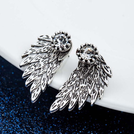 Rhinestone Detail Wings Design Silver Earrings