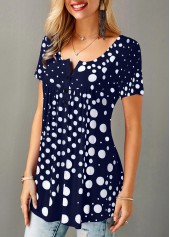 Patchwork Polka Dot Short Sleeve Split Neck Blouse
