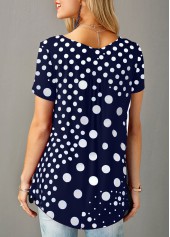 Patchwork Polka Dot Short Sleeve Split Neck Blouse