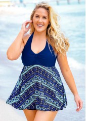 Plus Size Geometric Print Halter Swimdress and Shorts | thumb picture 