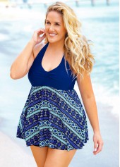 Plus Size Geometric Print Halter Swimdress and Shorts | thumb picture 