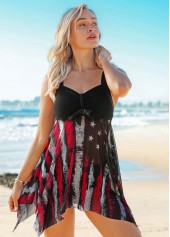 American Flag Print Wide Strap Asymmetric Hem Swimdress and Shorts