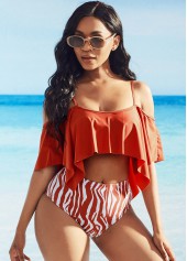 Zebra Print Ruffle Overlay Cold Shoulder Bikini Set | thumb picture 