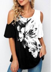 Floral Print Cold Shoulder Half Sleeve T Shirt