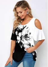Floral Print Cold Shoulder Half Sleeve T Shirt | thumb picture 