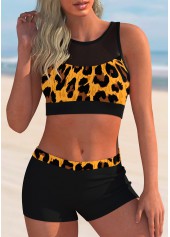 Mesh Stitching Leopard Mid Waist Bikini Set 