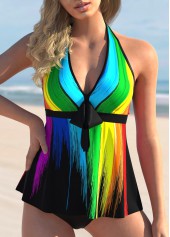 Rainbow Color Printed Bowknot Halter Tankini Set