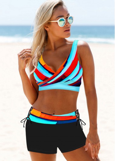 Modlily Multicolor Striped Drawstring Detail Wide Strap Bikini Set - S
