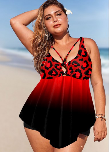 Modlily Plus Size Asymmetric Hem Leopard Swimdress and Shorts - 3X
