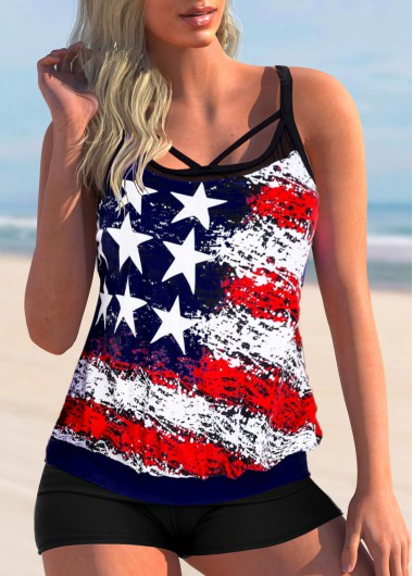 Modlily American Flag Print Cross Strap Plus Size TankinI Set - 2X