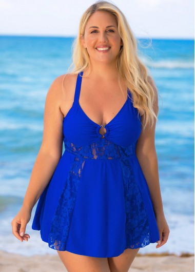Modlily Plus Size Lace Stitching Cross Strap Swimdress and Shorts - 1X