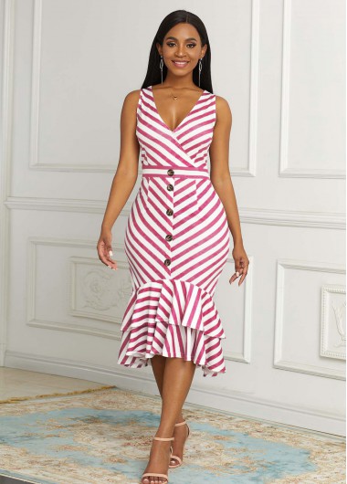 Modlily Striped Sleeveless Decorative Button Mermaid Dress - XL