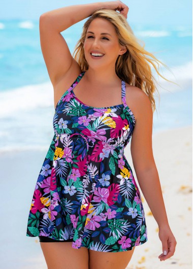 Modlily Plus Size Floral Print Criss Cross Back Swimdress and Shorts - 2X
