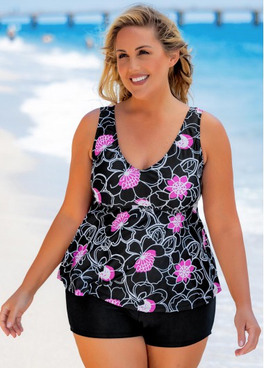 Modlily Plus Size Floral Print Wide Strap Tankini Set - 2X
