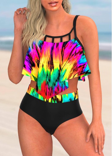 Modlily Cutout Neck Colorful Printed High Waisted Bikini Set - XXL