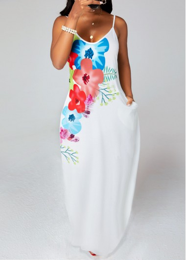 Modlily Spaghetti Strap Floral Print Pocket Dress - L