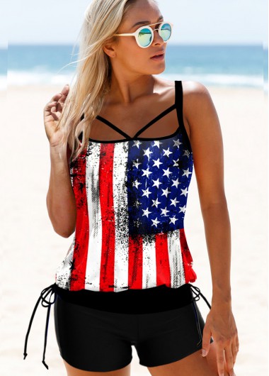 Modlily American Flag Print Tie Side Tankini Set - M