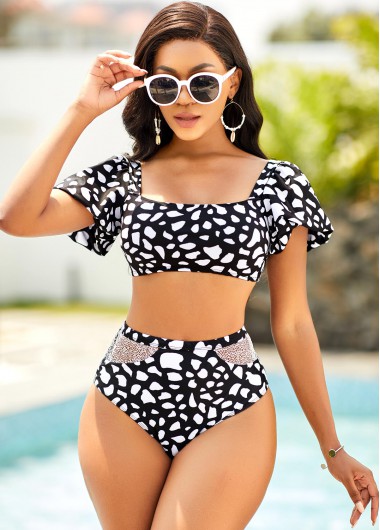 Modlily Geometric Print Lantern Sleeve Bikini Set - M