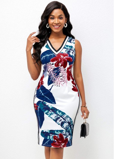 Modlily Plant Print V Neck Sleeveless Bodycon Dress - XXL
