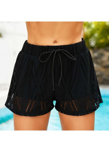 Modlily Drawstring Waist Lace Stitching Solid Swim Shorts - L