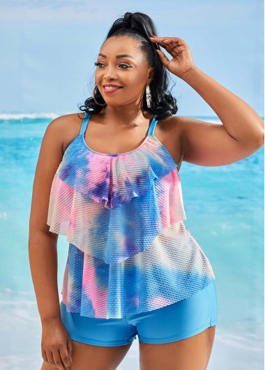 Modlily Plus Size Layered Hem Spaghetti Strap Tankini Set - 3X